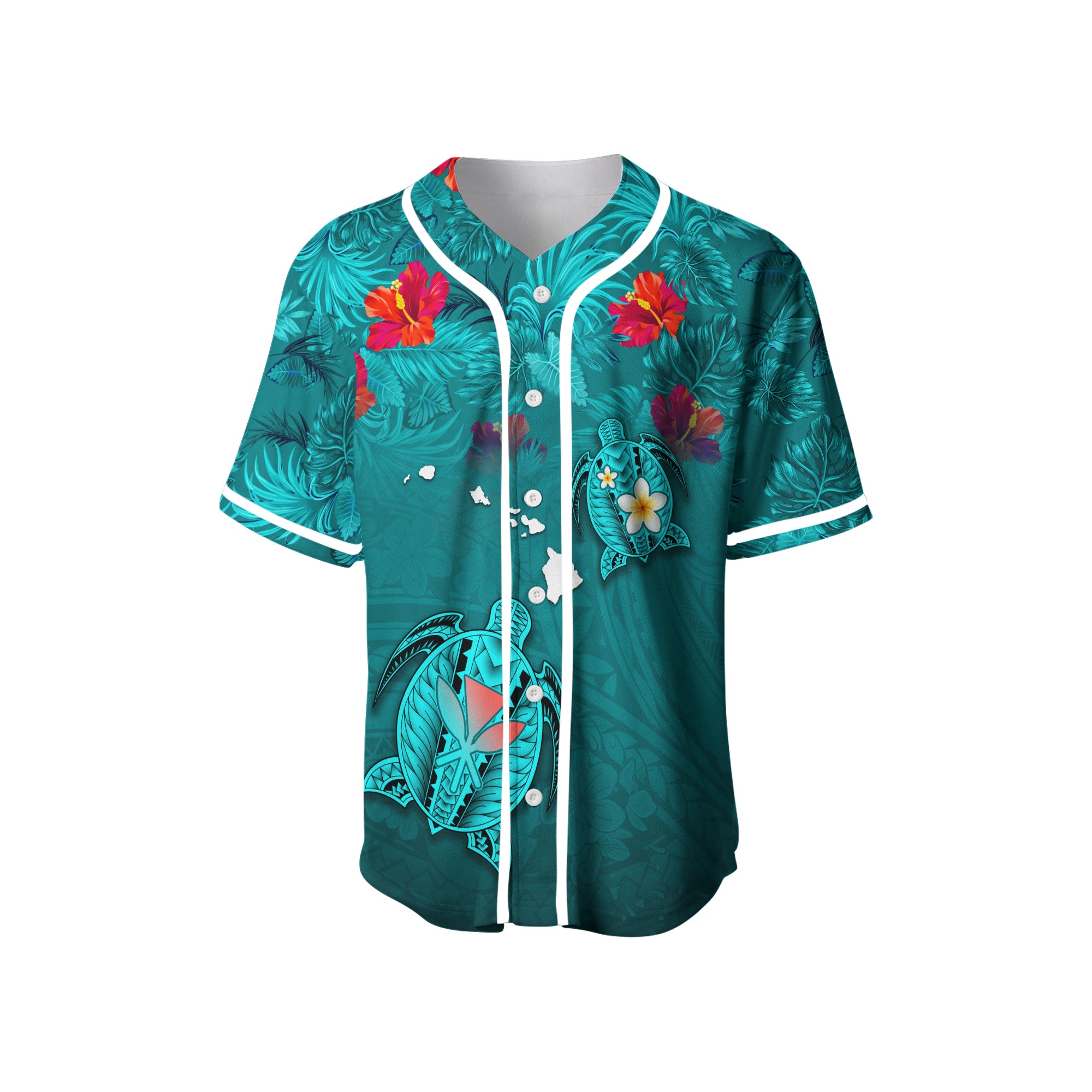 Hawaiian Islands Baseball Jersey - Hawaii Tropical Flowers and Turtles Turquoise LT13 - Polynesian Pride