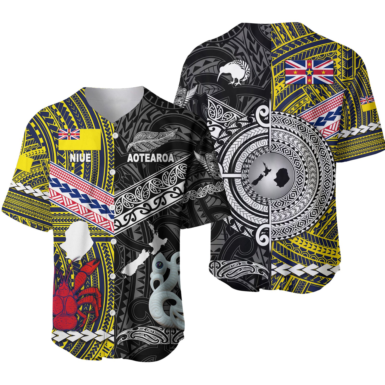 New Zealand Maori Aotearoa And Niue Together Baseball Jersey - Black LT8 Yellow - Polynesian Pride
