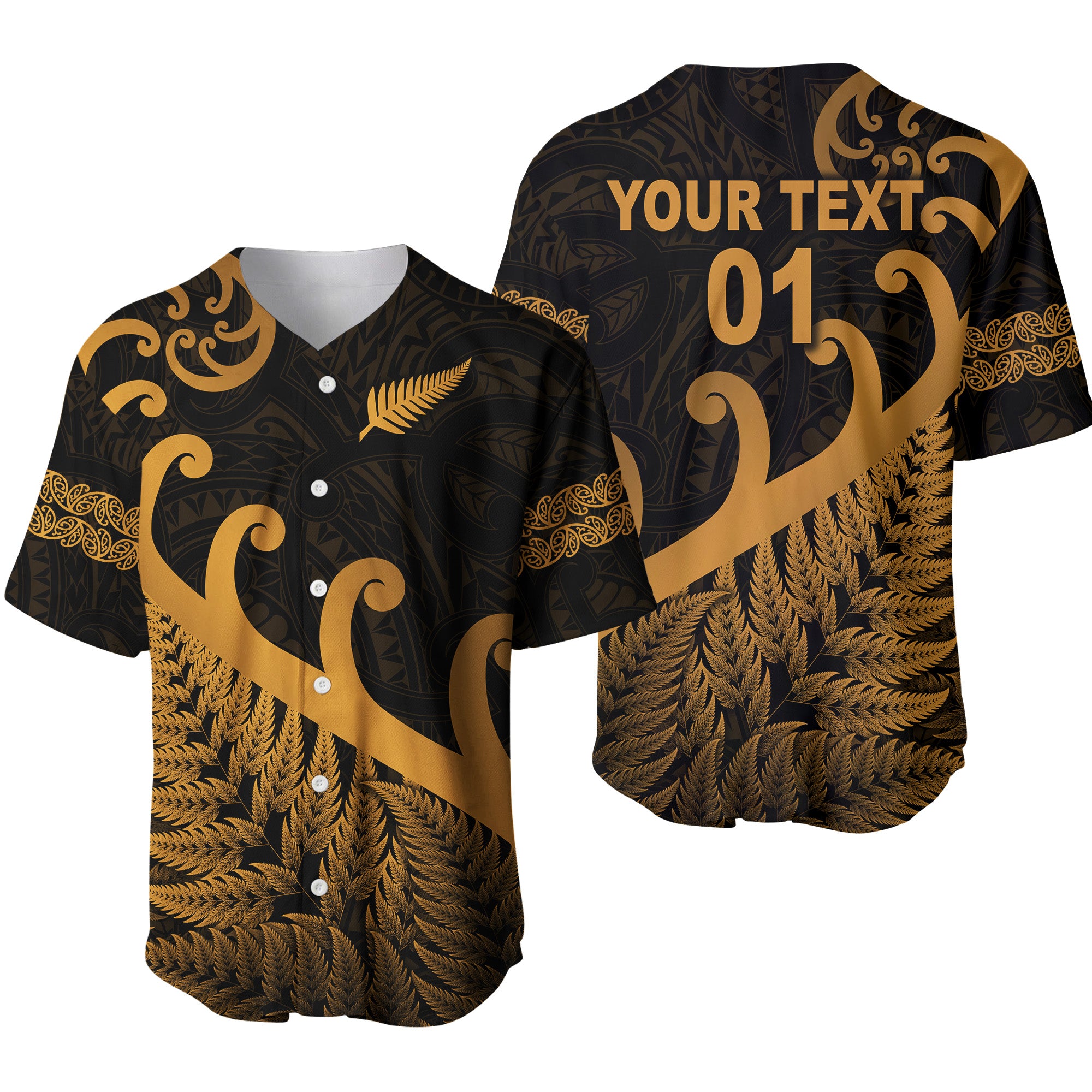 (Custom Personalised) New Zealand Rugby Maori Baseball Jersey Silver Fern Koru Vibes - Gold LT8 - Polynesian Pride