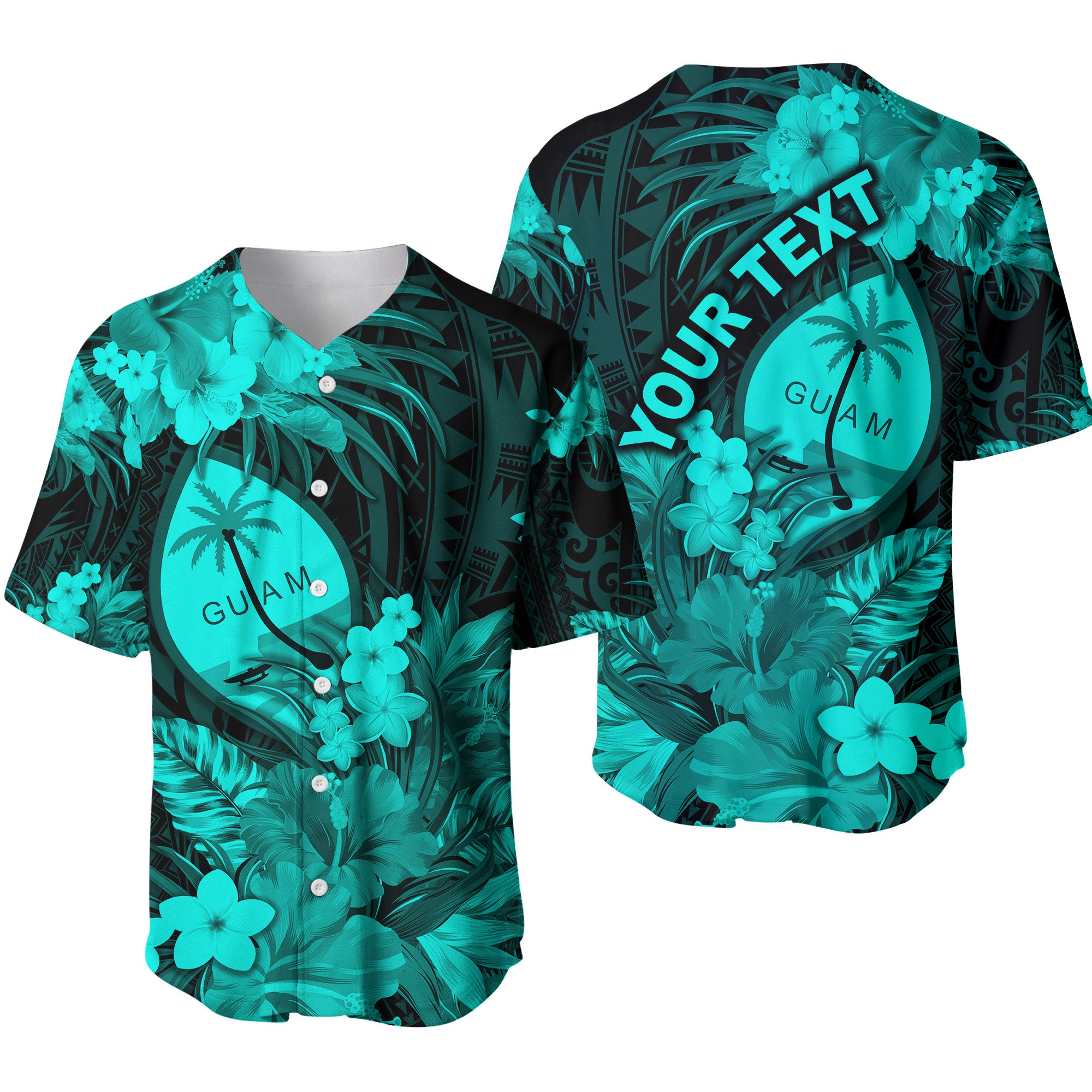 (Custom Personalised) Guam Polynesian Baseball Jersey Tropical Flowers - Turquoise LT8 - Polynesian Pride