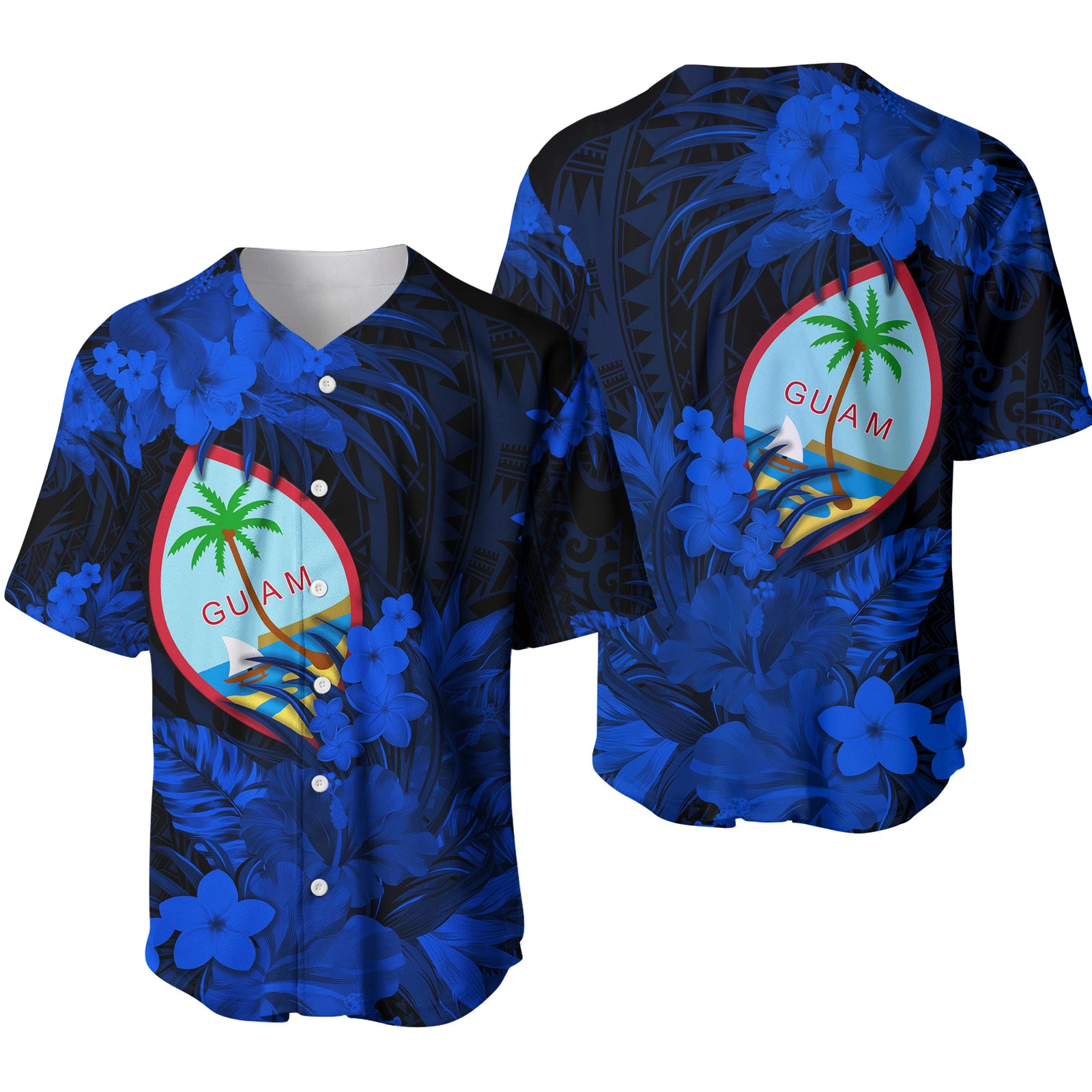 Guam Polynesian Baseball Jersey Tropical Flowers - Blue LT8 Blue - Polynesian Pride