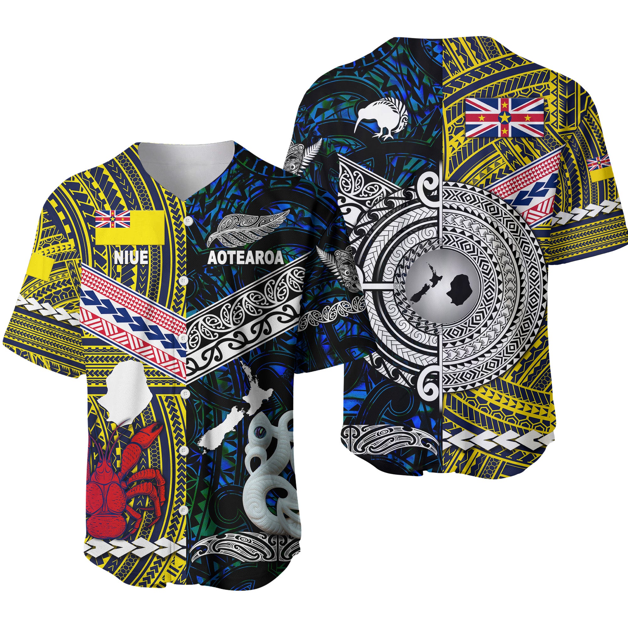 New Zealand Maori Aotearoa And Niue Together Baseball Jersey - Blue LT8 - Polynesian Pride