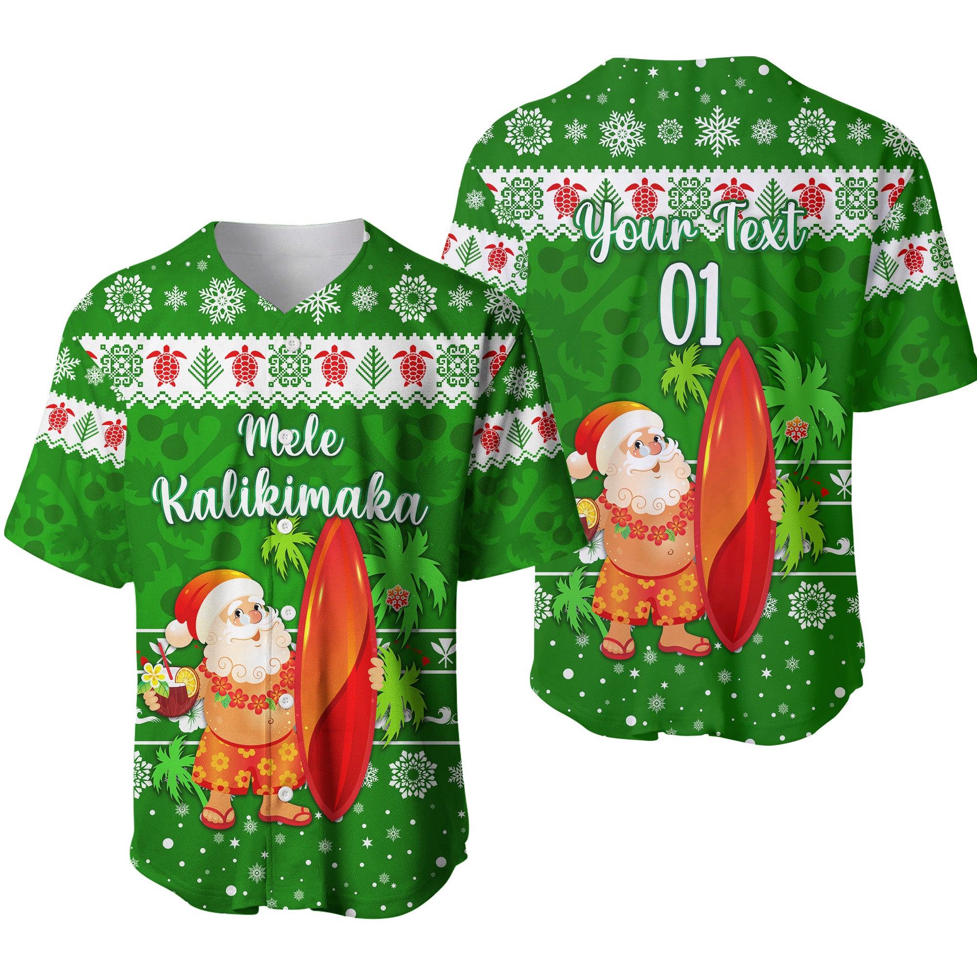 (Custom Personalised) Hawaii Christmas Baseball Jersey Santa Claus Surfing Simple Style - Green LT8 - Polynesian Pride