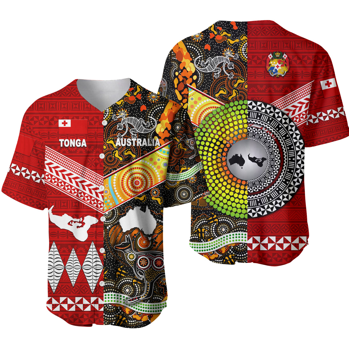 Tonga Ngatu And Australia Aboriginal Baseball Jersey Together LT8 Red - Polynesian Pride