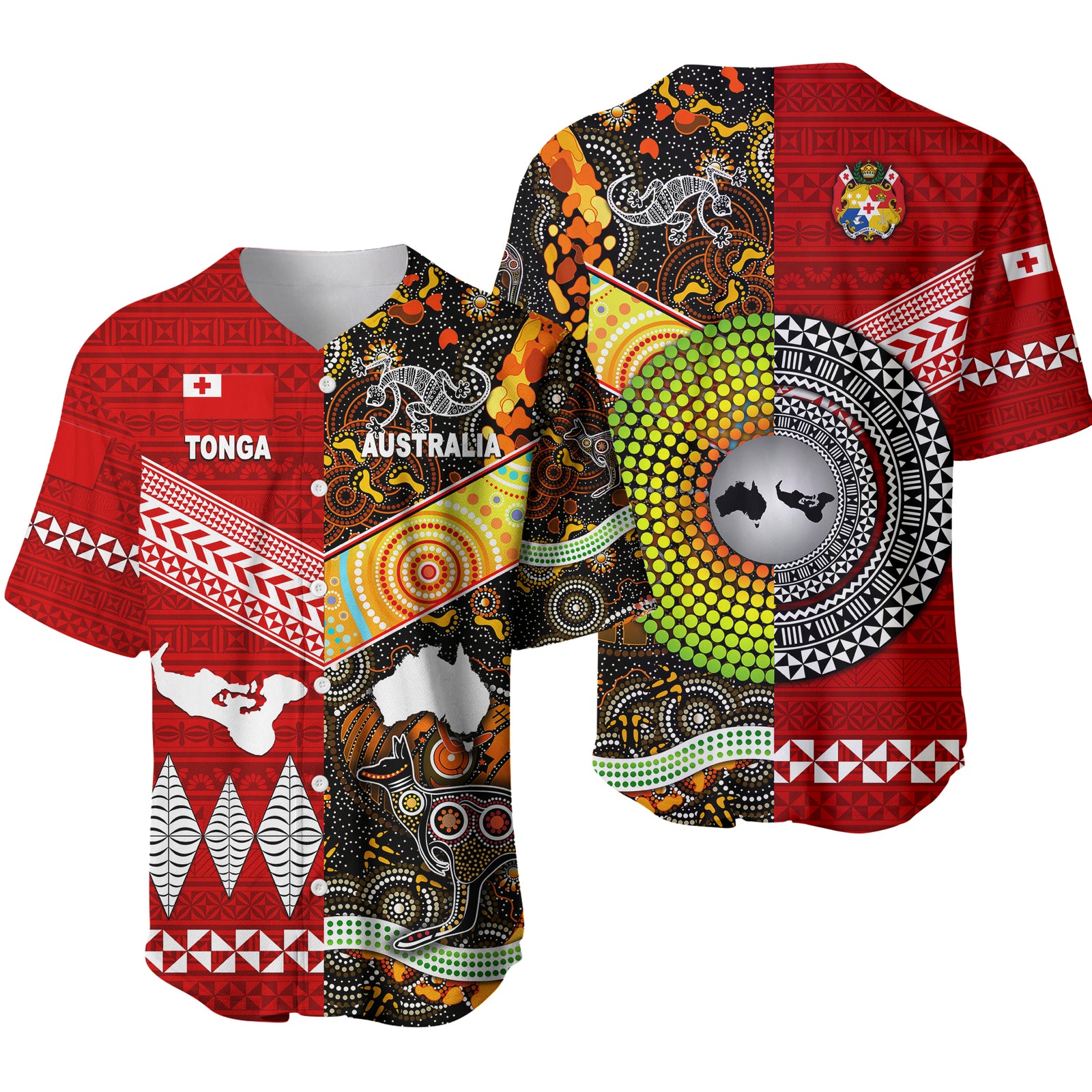 Tonga Ngatu And Australia Aboriginal Baseball Jersey Together LT8 Red - Polynesian Pride