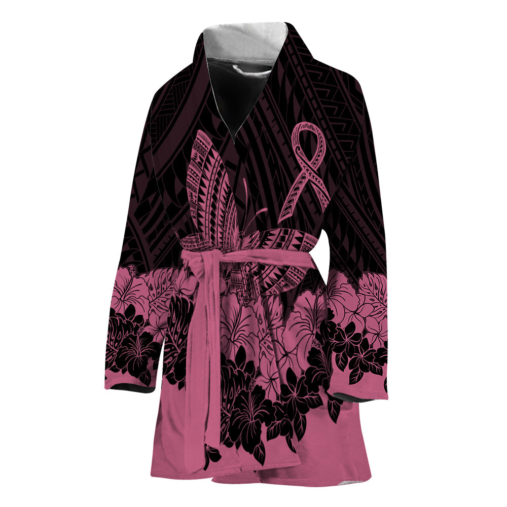 Polynesian Breast Cancer Awareness Women Bathrobe Floral Butterfly LT7 Universal Fit Black - Polynesian Pride