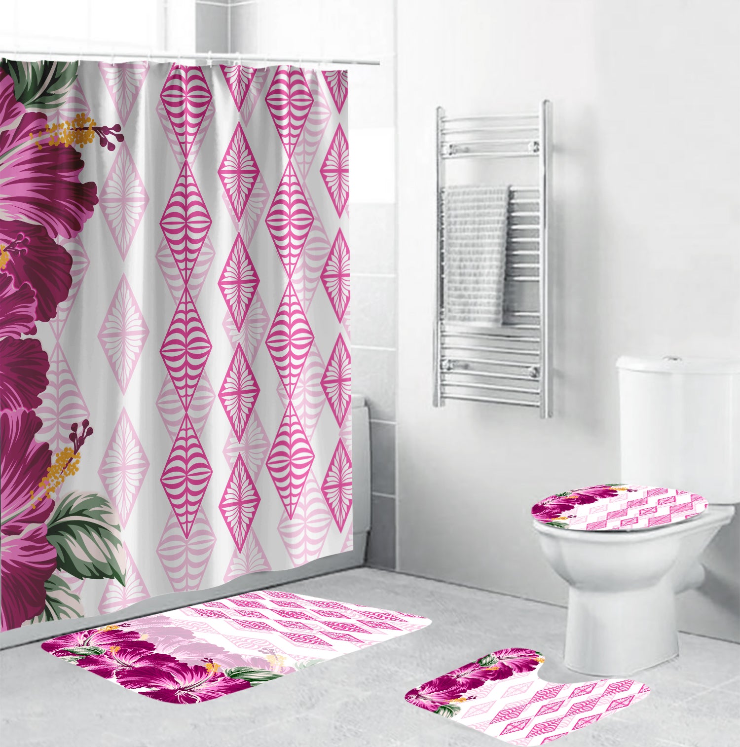 Tonga Bathroom Set Diamond Style Mix Hibiscus - Garnet LT7 Pink - Polynesian Pride