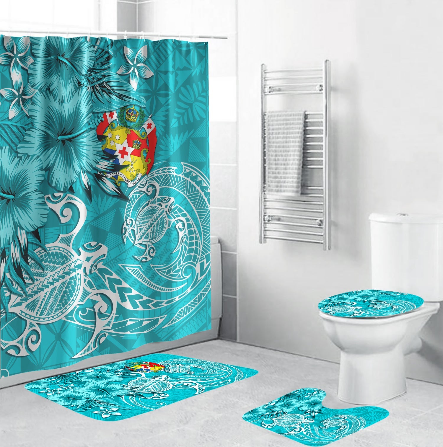 Tonga Floral Bathroom Set Sea Turtle - Blue LT7 Blue - Polynesian Pride