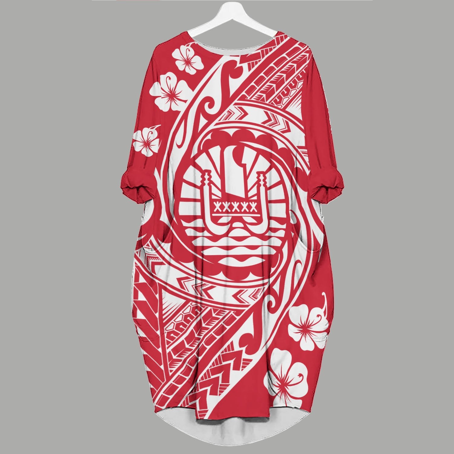 Tahiti Batwing Pocket Dress - Tribal Tattoo Sleeve Women Red - Polynesian Pride