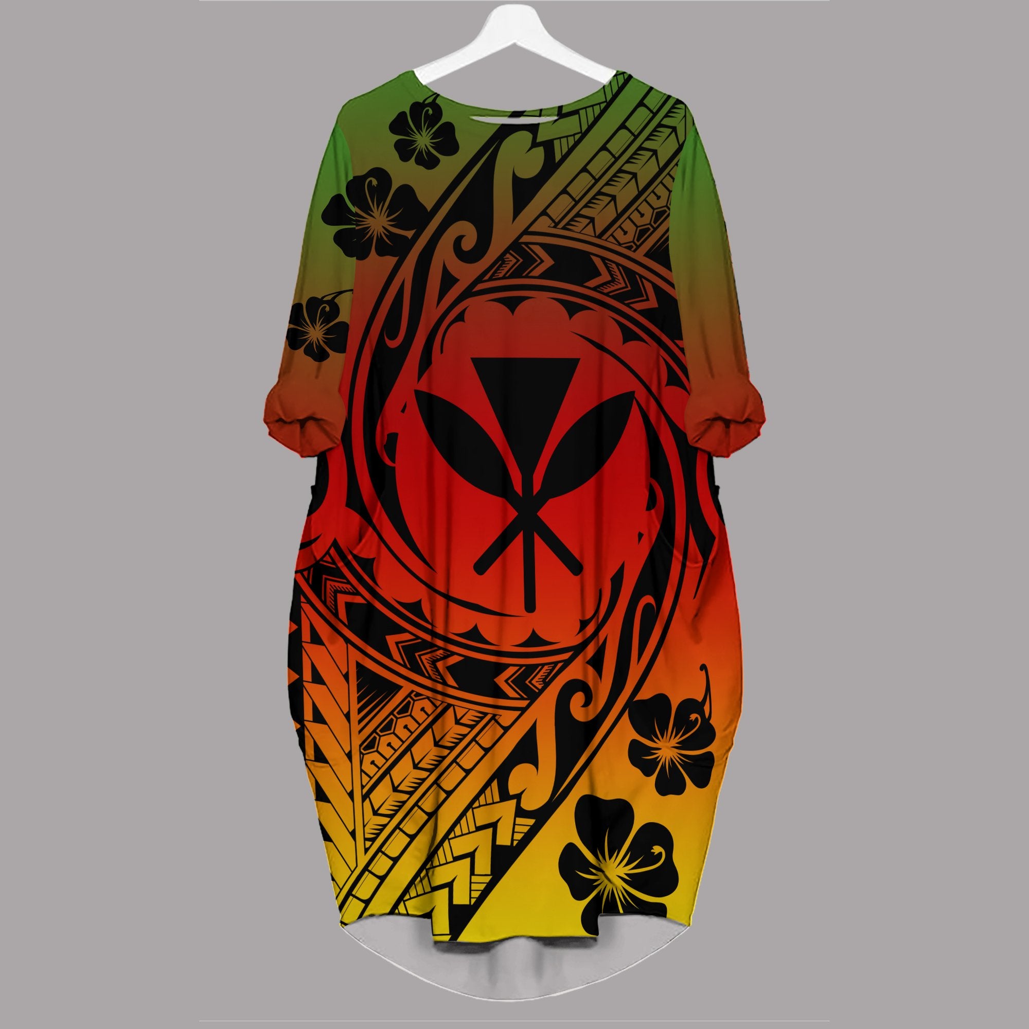 Kanaka Maoli Batwing Pocket Dress - Tribal Tattoo Sleeve Women Red - Polynesian Pride