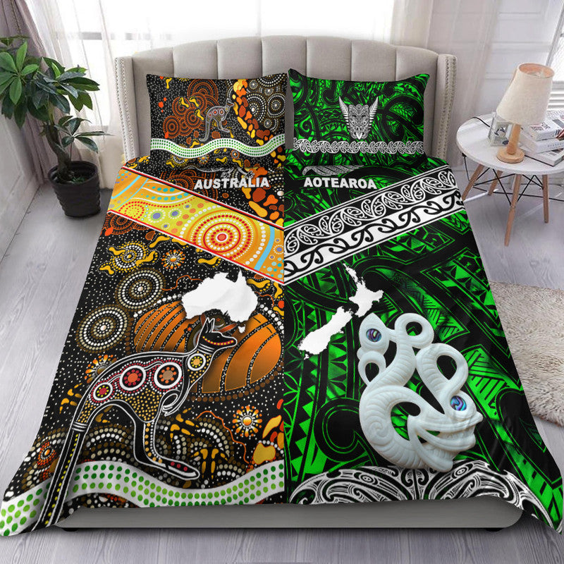 New Zealand Maori Aotearoa And Australia Aboriginal Bedding Set Together - Green LT8 Green - Polynesian Pride