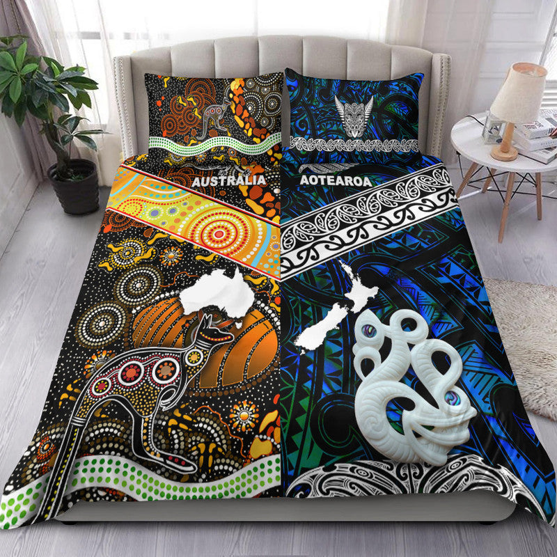 New Zealand Maori Aotearoa And Australia Aboriginal Bedding Set Together - Blue LT8 Blue - Polynesian Pride