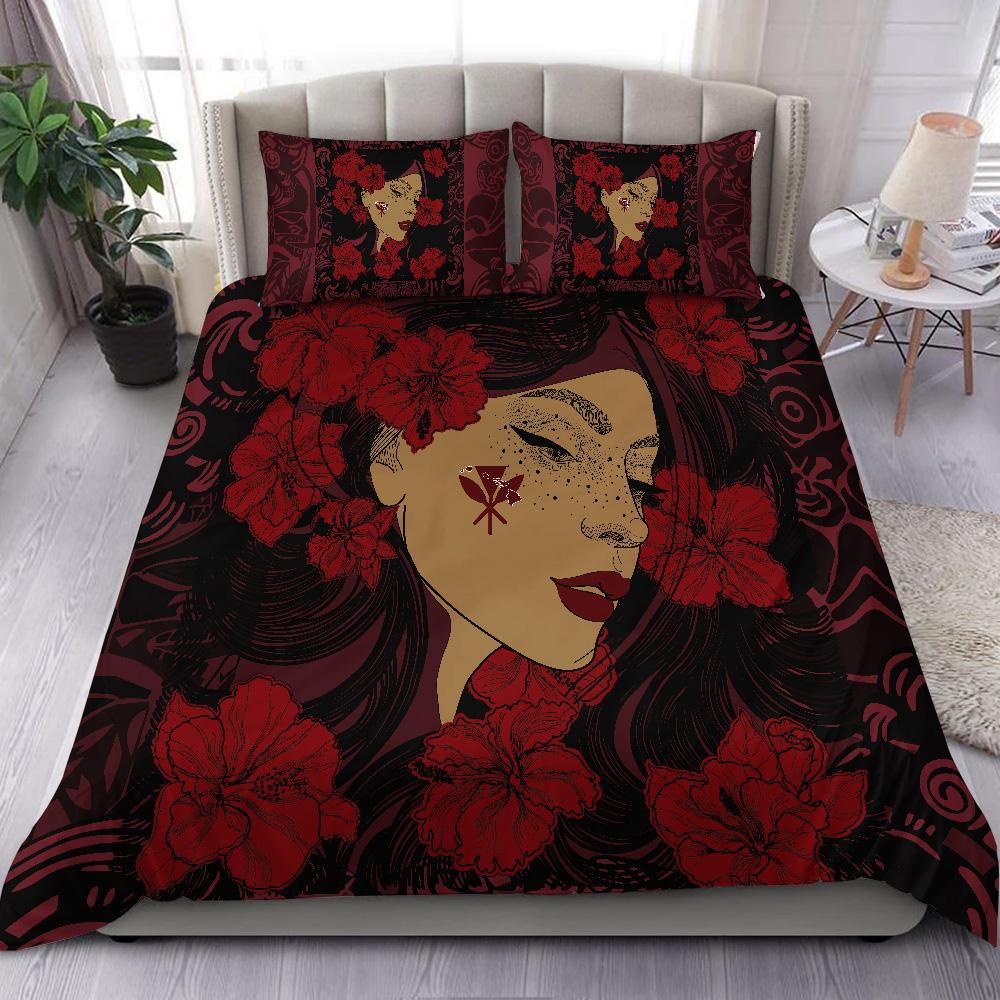 Hawaii Kanaka Polynesian Hula Girl Bedding Set - Black Style - AH Red - Polynesian Pride