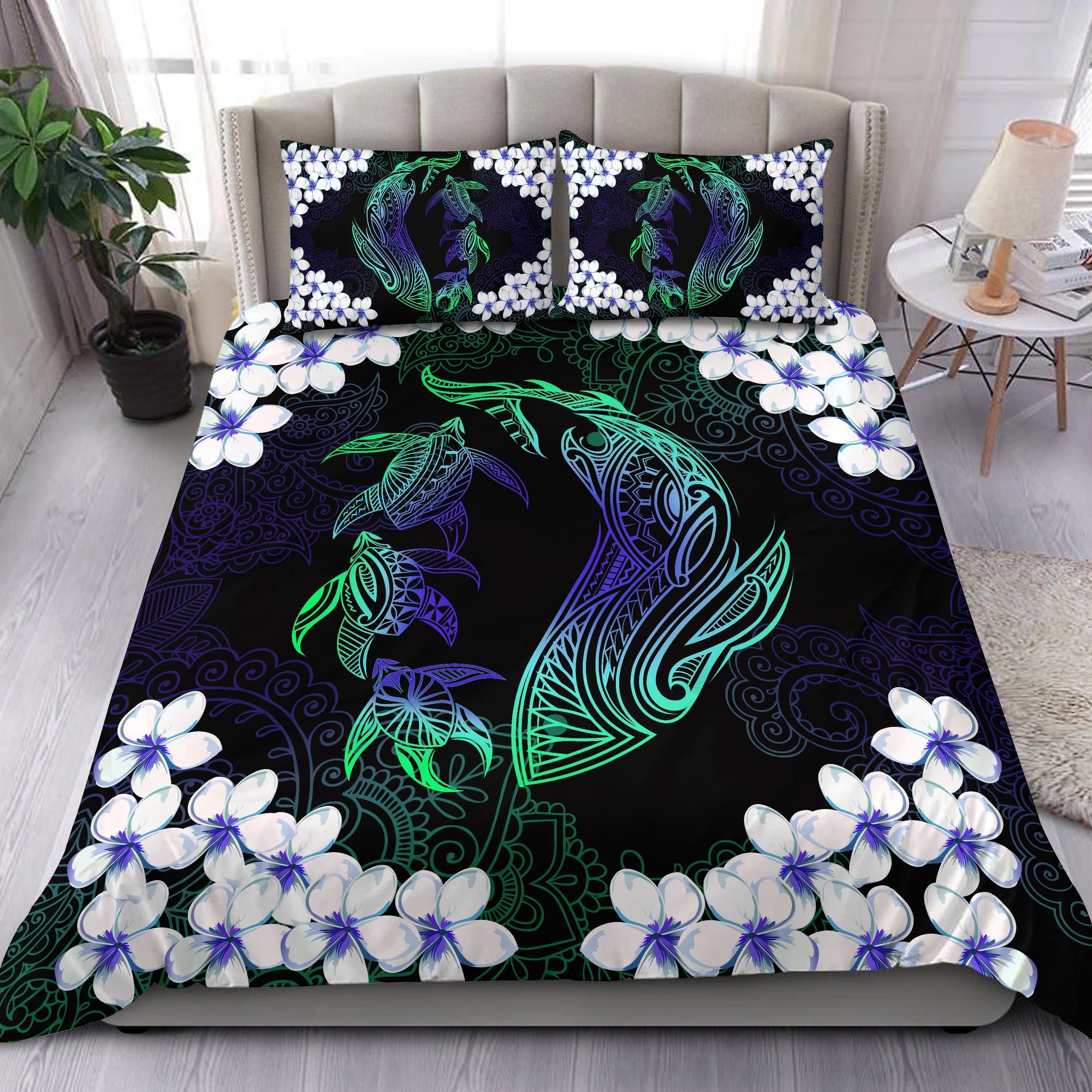 Hawaiian Shark Turtle Plumeria Bedding Set - Green And Purple - Zelda Style - AH Black - Polynesian Pride