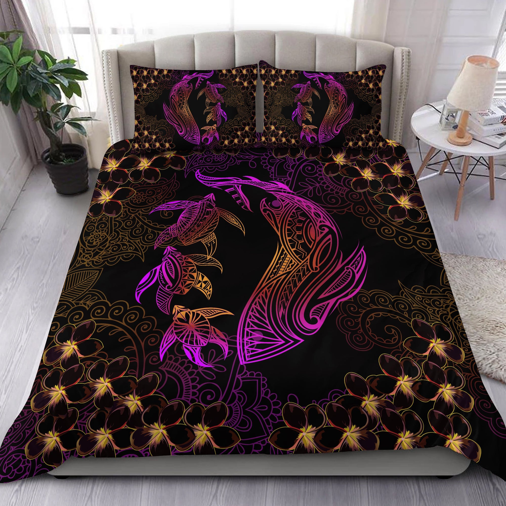 Hawaiian Shark Turtle Plumeria Bedding Set - Pink And Gold - Zelda Style - AH Black - Polynesian Pride