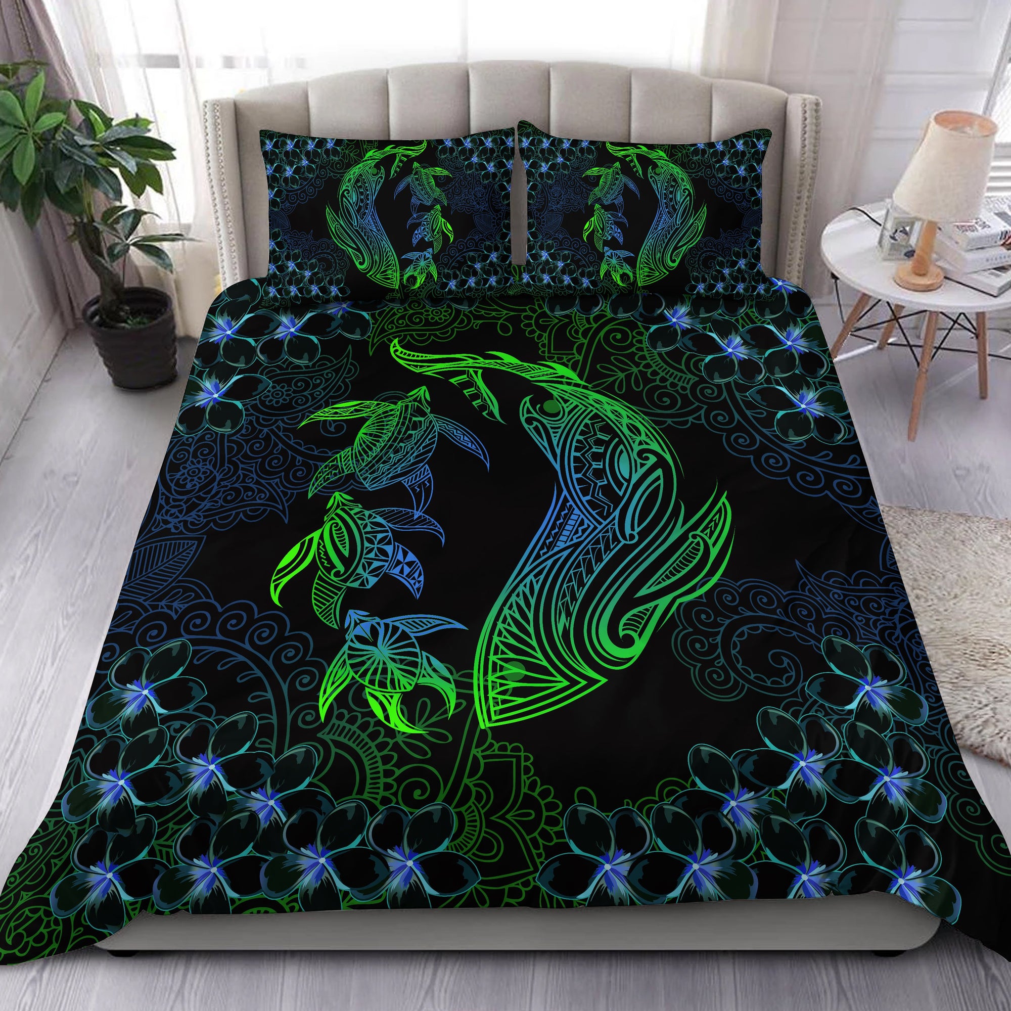 Hawaiian Shark Turtle Plumeria Bedding Set - Violet Green - Zelda Style - AH Black - Polynesian Pride