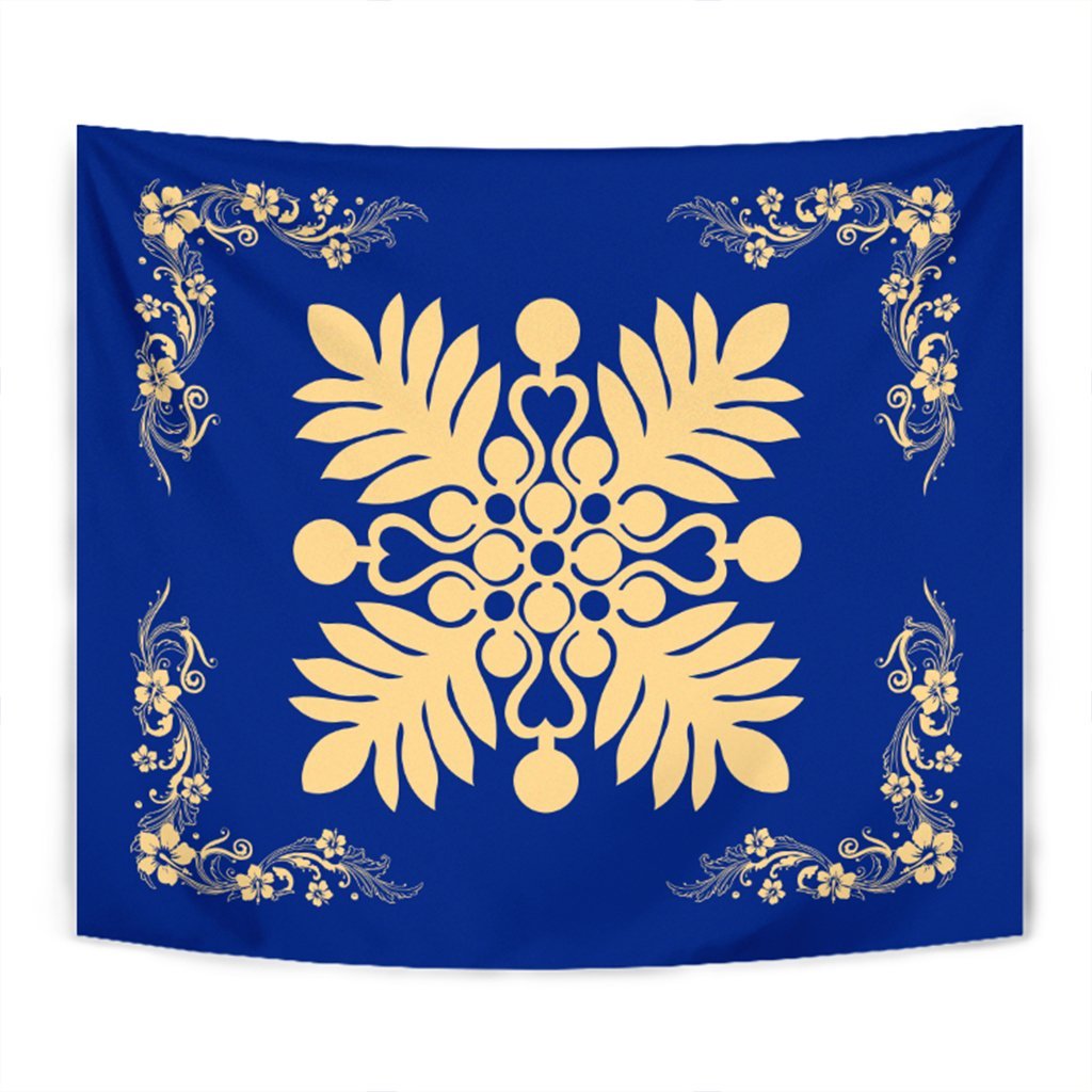 Hawaiian Quilt Maui Plant And Hibiscus Tappestry - Beige Blue - AH Wall Tapestry Beige - Polynesian Pride