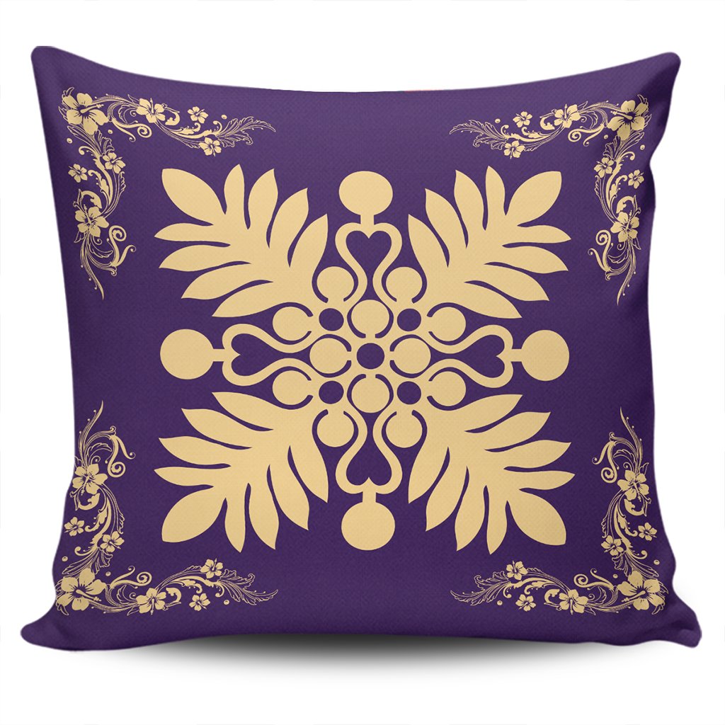 Hawaiian Quilt Maui Plant And Hibiscus Pattern Pillow Covers - Beige Purple - AH One Size Beige - Polynesian Pride