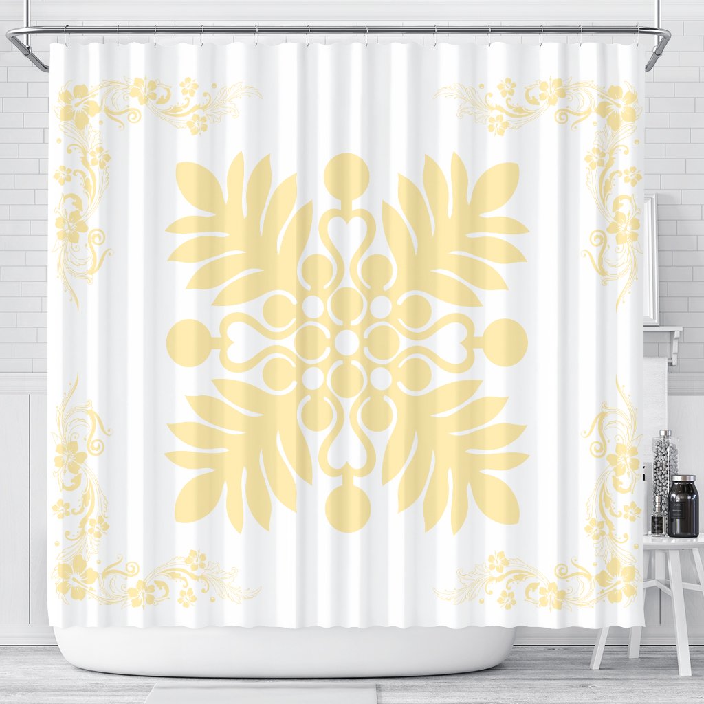 Hawaiian Quilt Maui Plant And Hibiscus Shower Curtain - Beige White - AH 177 x 172 (cm) Beige - Polynesian Pride