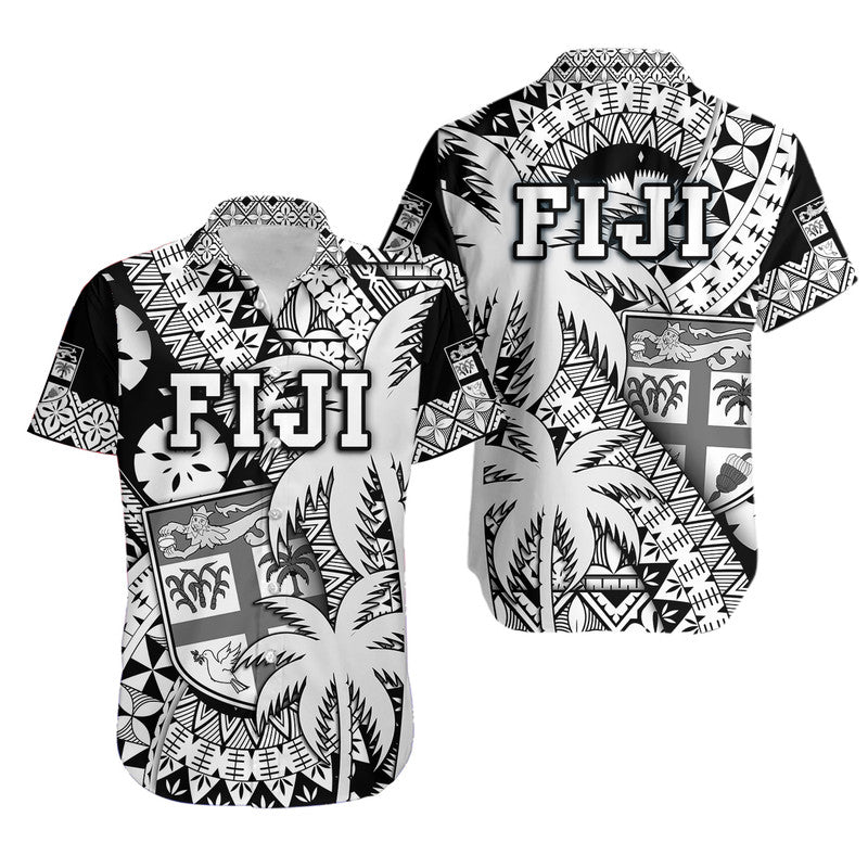 Fiji Coat Of Arms Hawaiian Shirt Masi Tapa Mixed Palm Tree No1 Black Version LT9 Unisex Black - Polynesian Pride