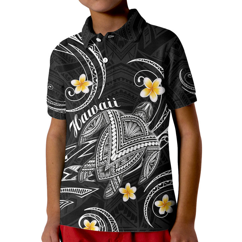 Hawaii Polo Shirt Hawaiian Turtle Plumeria Mixed Polynesian Black Style LT9 Kid Black - Polynesian Pride