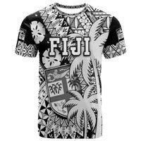 Fiji Coat of Arms T Shirt Masi Tapa Mixed Palm Tree No1 Black Version LT9 Black - Polynesian Pride