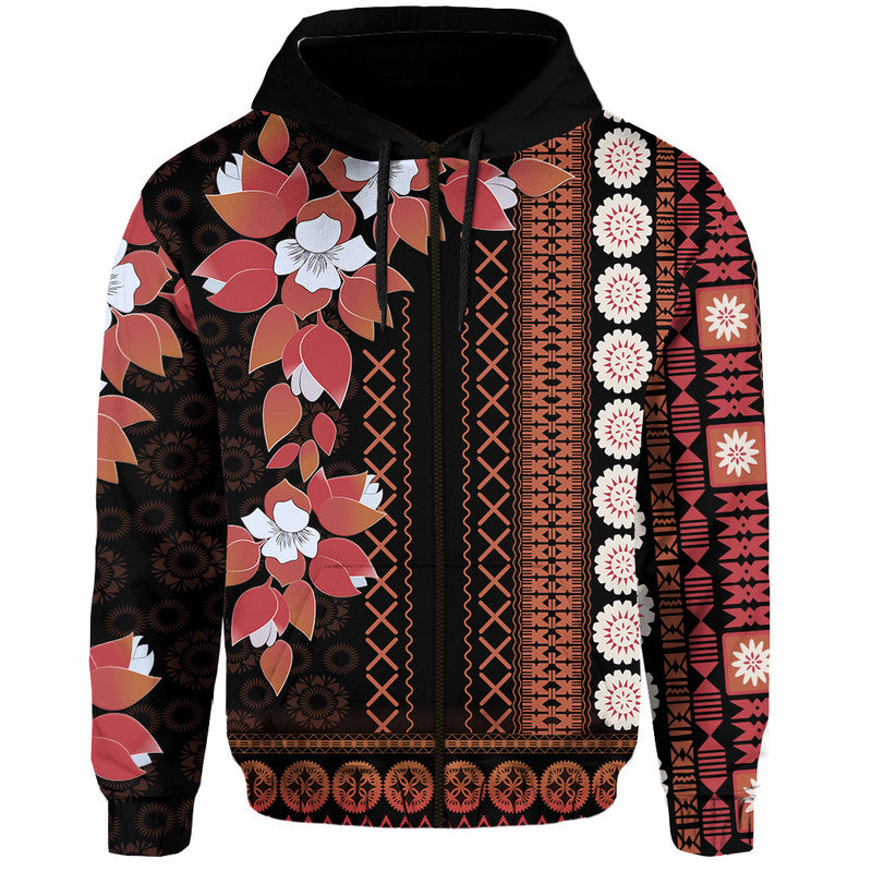 Fiji Hoodie Tagimoucia Mixed Black Tapa Style LT9 Zip Hoodie Black - Polynesian Pride
