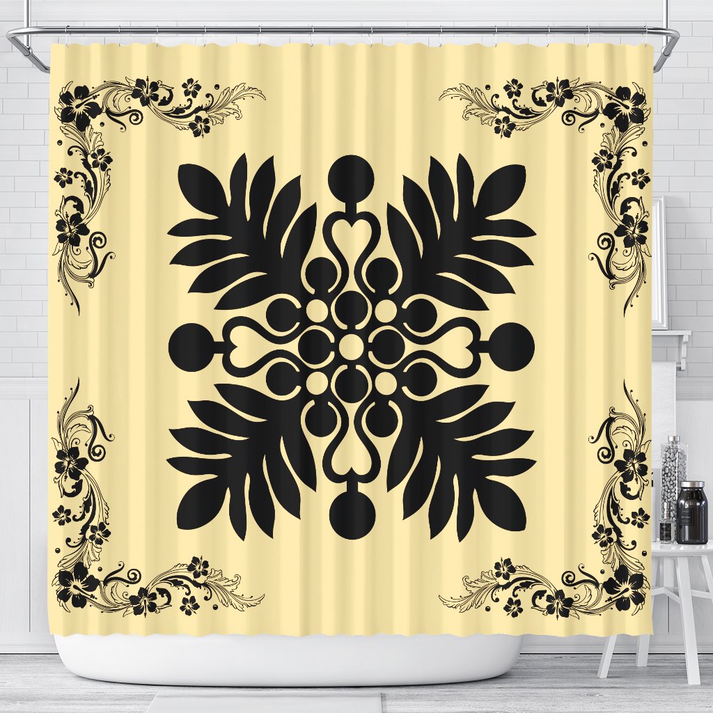 Hawaiian Quilt Maui Plant And Hibiscus Shower Curtain - Black Beige - AH 177 x 172 (cm) Black - Polynesian Pride