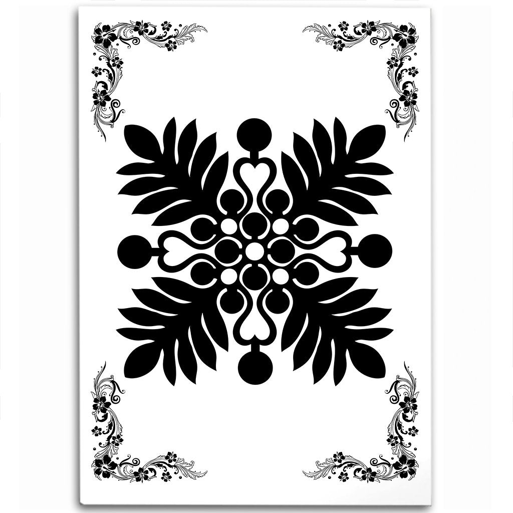 Hawaiian Quilt Maui Plant And Hibiscus Pattern Area Rug - Black White - AH Black - Polynesian Pride