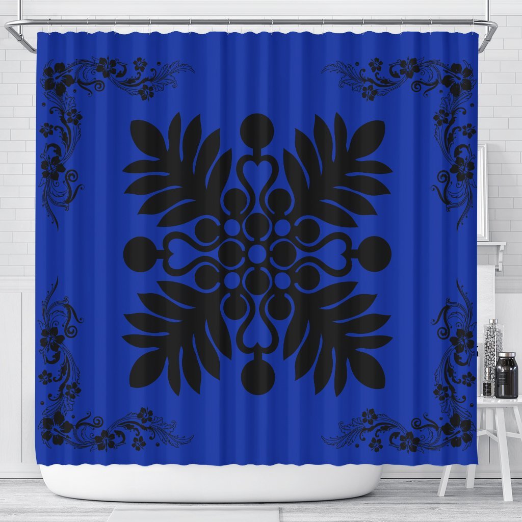 Hawaiian Quilt Maui Plant And Hibiscus Shower Curtain - Black Blue - AH 177 x 172 (cm) Black - Polynesian Pride