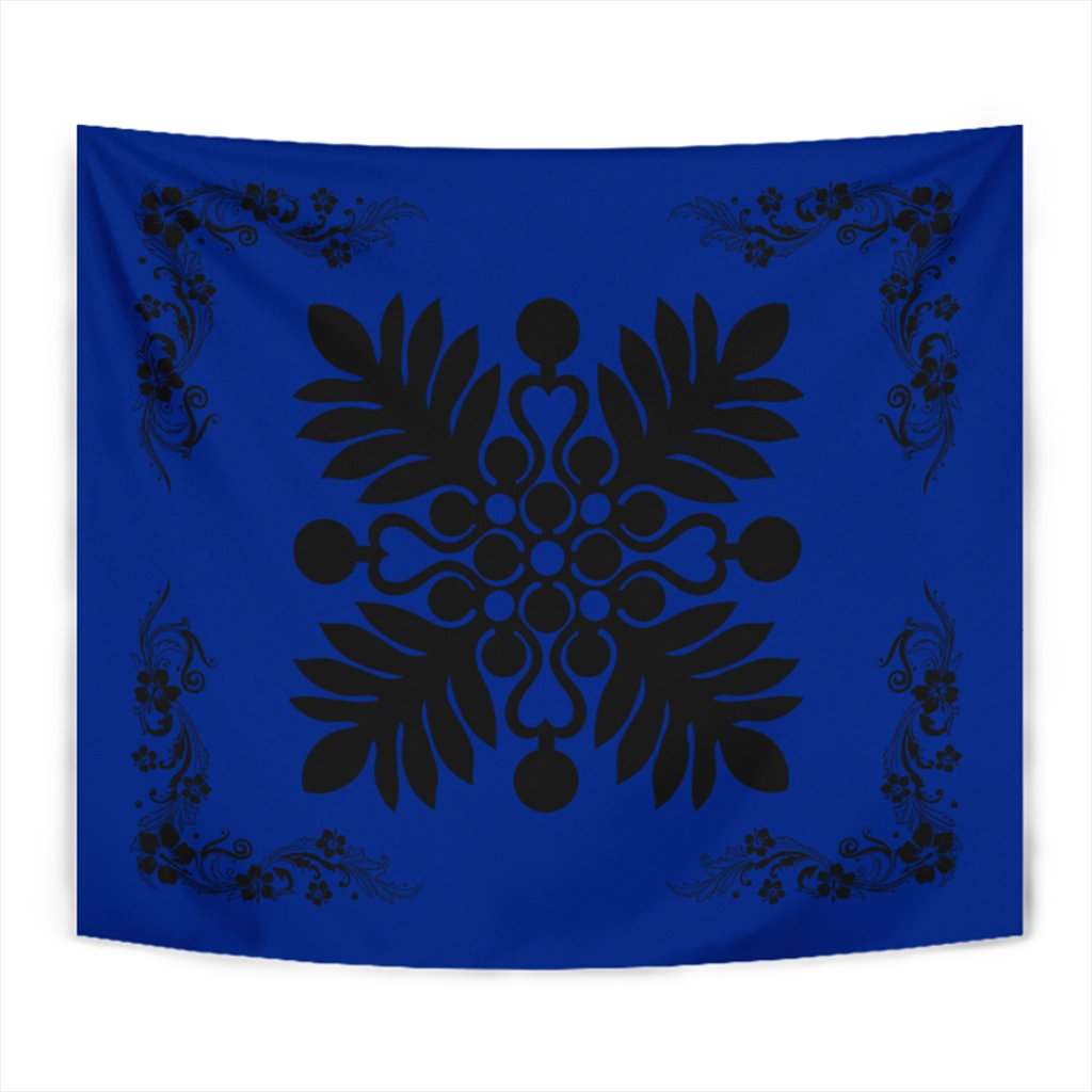 Hawaiian Quilt Maui Plant And Hibiscus Tappestry - Black Blue - AH Wall Tapestry Black - Polynesian Pride