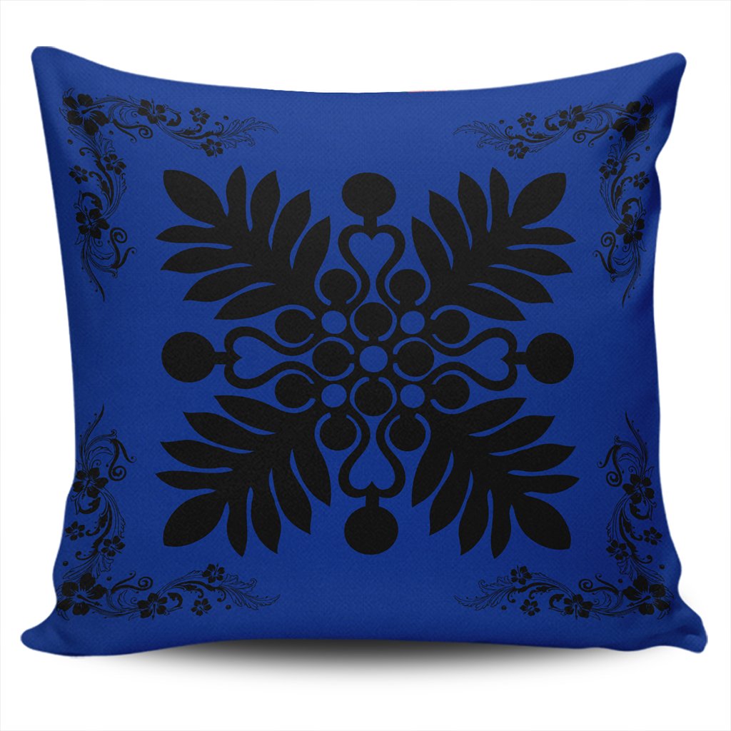 Hawaiian Quilt Maui Plant And Hibiscus Pattern Pillow Covers - Black Blue - AH One Size Black - Polynesian Pride