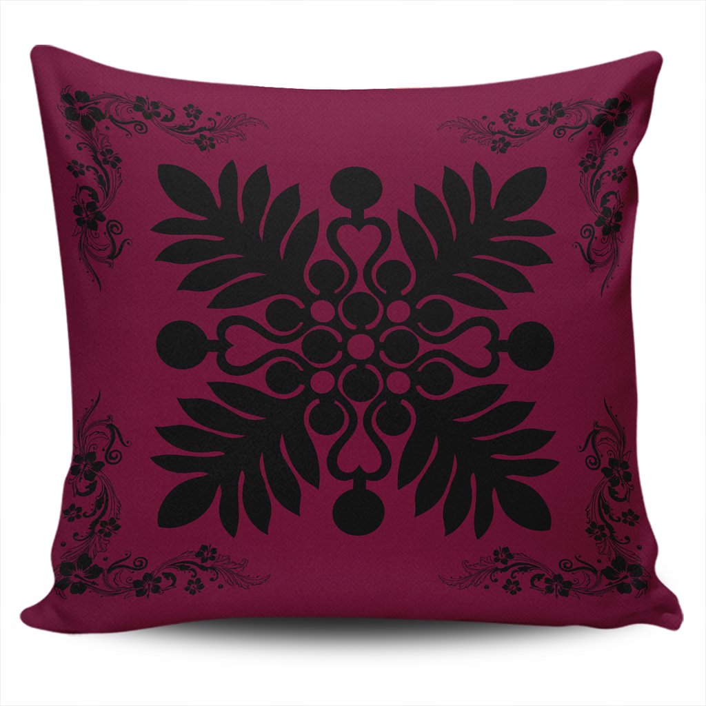 Hawaiian Quilt Maui Plant And Hibiscus Pattern Pillow Covers - Black Burgundy - AH One Size Black - Polynesian Pride