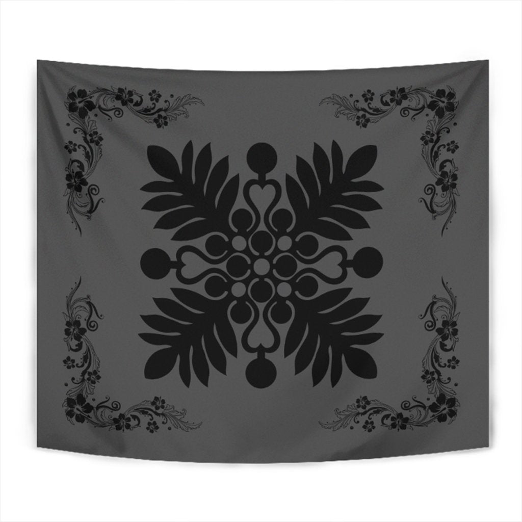 Hawaiian Quilt Maui Plant And Hibiscus Tappestry - Black Gray - AH Wall Tapestry Black - Polynesian Pride