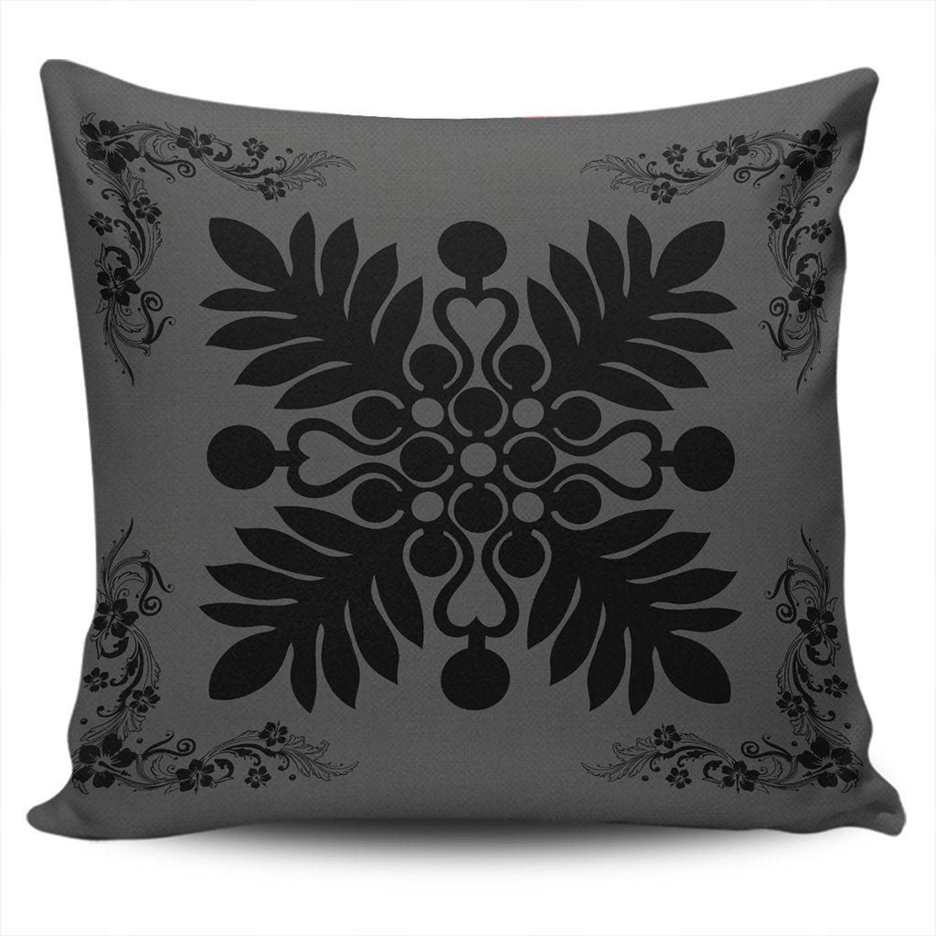 Hawaiian Quilt Maui Plant And Hibiscus Pattern Pillow Covers - Black Gray - AH One Size Black - Polynesian Pride