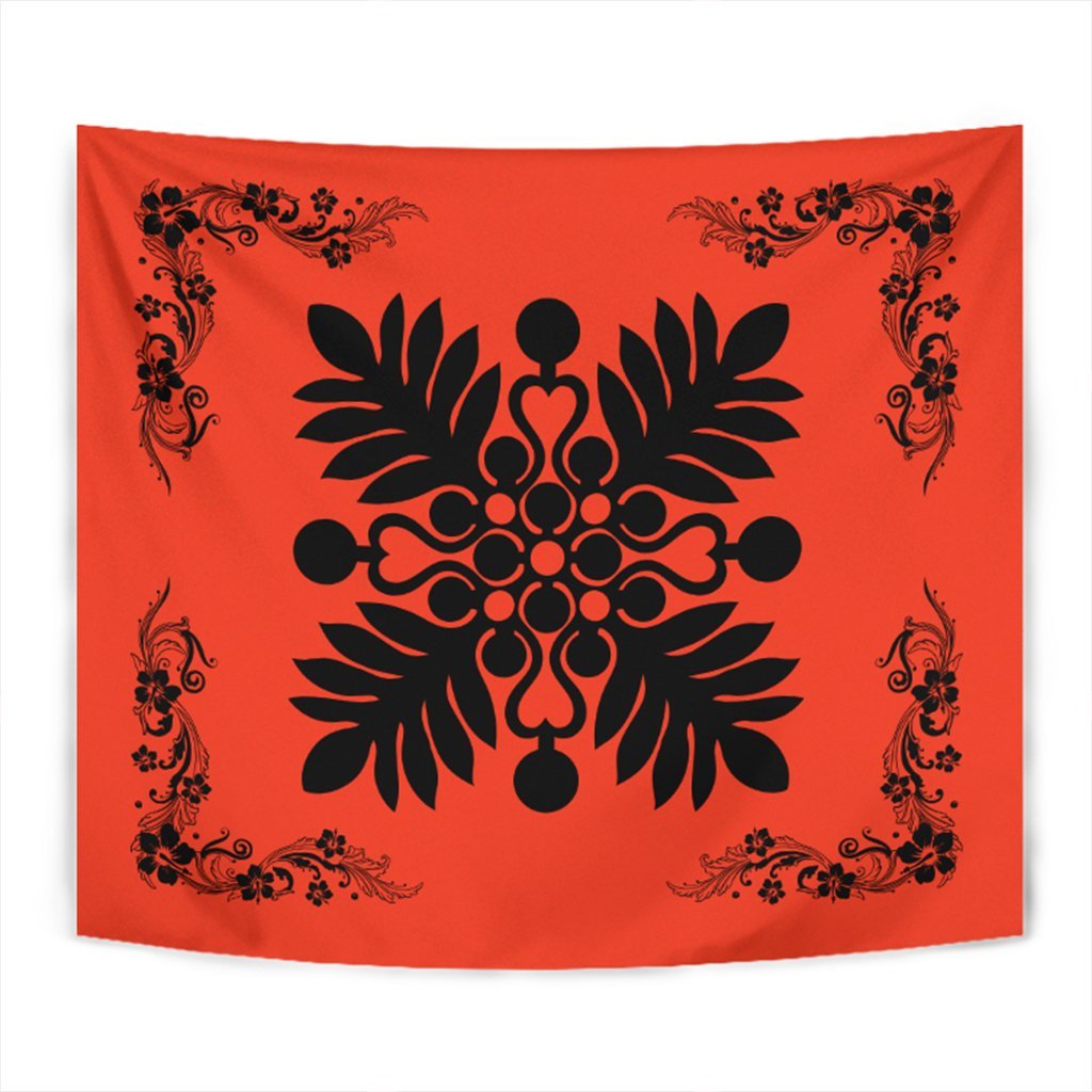 Hawaiian Quilt Maui Plant And Hibiscus Tappestry - Black Orange - AH Wall Tapestry Black - Polynesian Pride