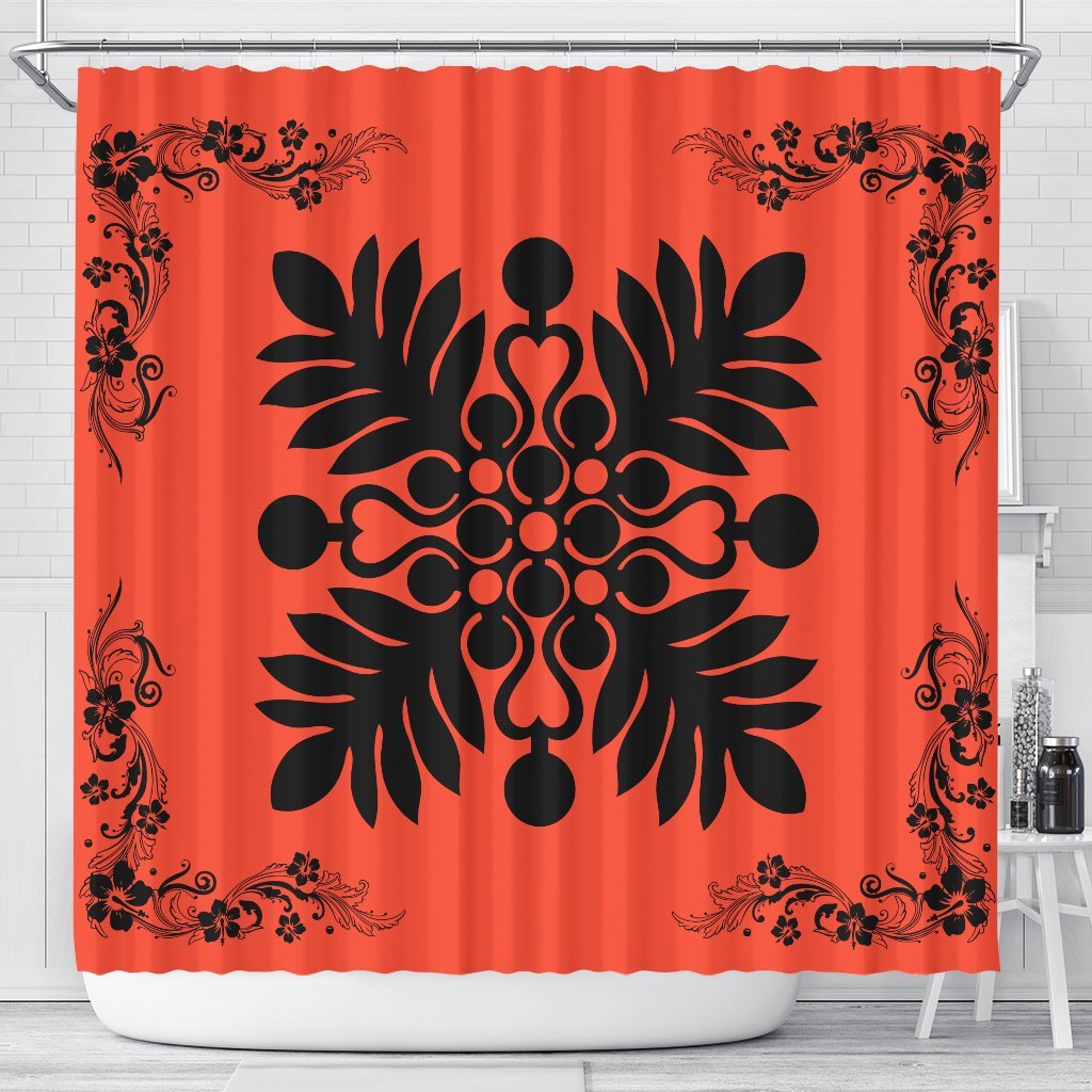 Hawaiian Quilt Maui Plant And Hibiscus Shower Curtain - Black Orange - AH 177 x 172 (cm) Black - Polynesian Pride