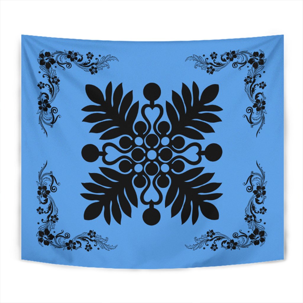 Hawaiian Quilt Maui Plant And Hibiscus Tappestry - Black Pastel - AH Wall Tapestry Black - Polynesian Pride