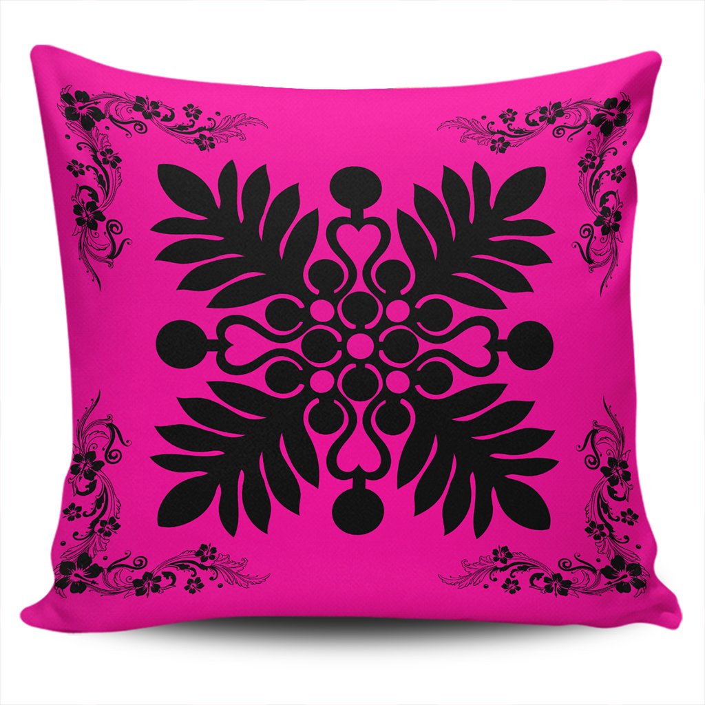 Hawaiian Quilt Maui Plant And Hibiscus Pattern Pillow Covers - Black Pink - AH One Size Black - Polynesian Pride