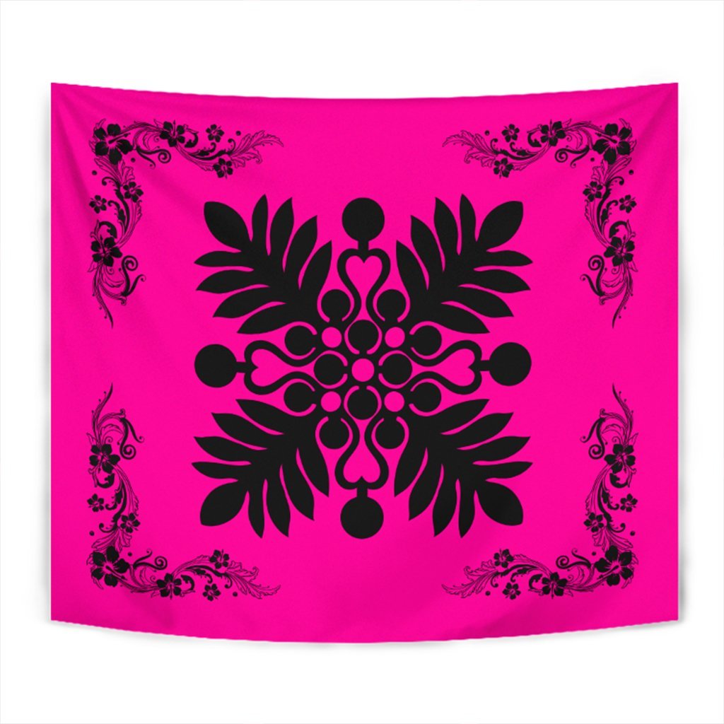 Hawaiian Quilt Maui Plant And Hibiscus Tappestry - Black Pink - AH Wall Tapestry Black - Polynesian Pride