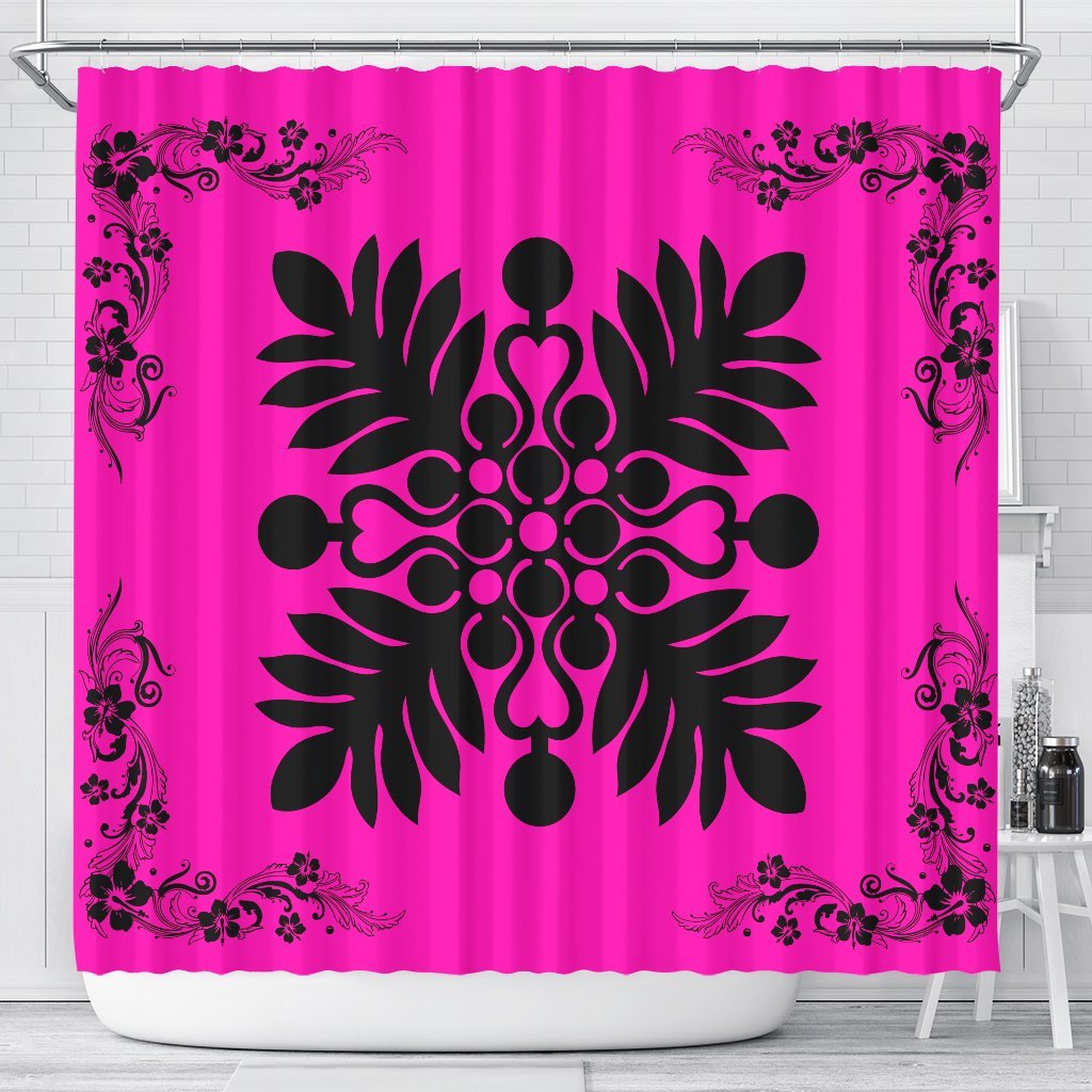 Hawaiian Quilt Maui Plant And Hibiscus Shower Curtain - Black Pink - AH 177 x 172 (cm) Black - Polynesian Pride