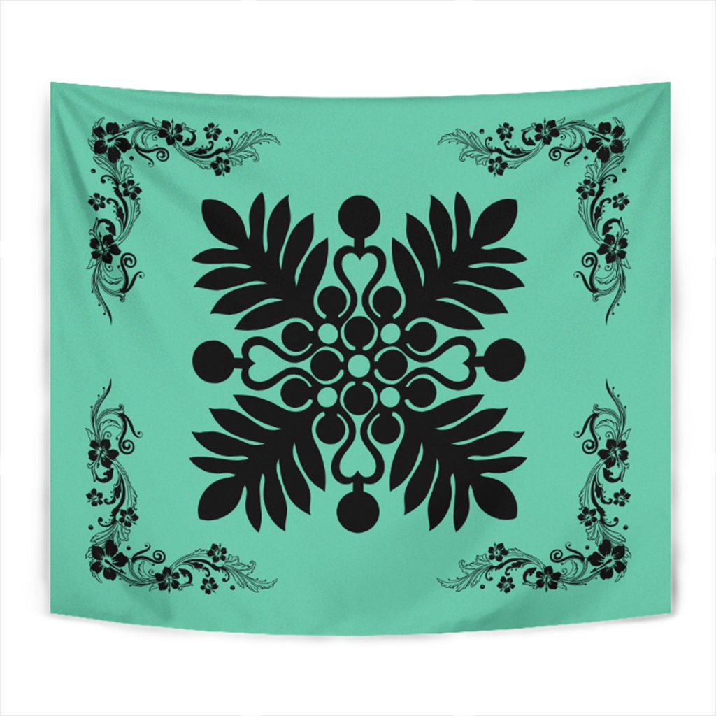 Hawaiian Quilt Maui Plant And Hibiscus Tappestry - Black Seafoarm - AH Wall Tapestry Black - Polynesian Pride