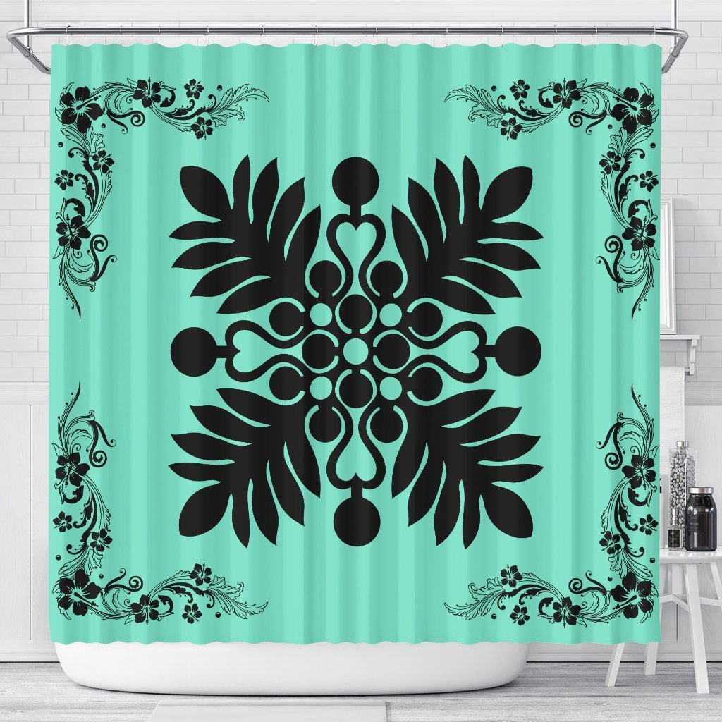 Hawaiian Quilt Maui Plant And Hibiscus Shower Curtain - Black Seafoarm - AH 177 x 172 (cm) Black - Polynesian Pride