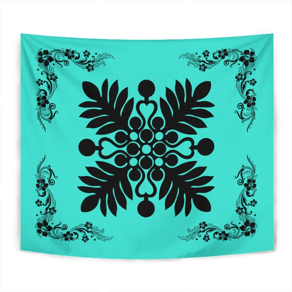 Hawaiian Quilt Maui Plant And Hibiscus Tappestry - Black Turquoise - AH Wall Tapestry Black - Polynesian Pride