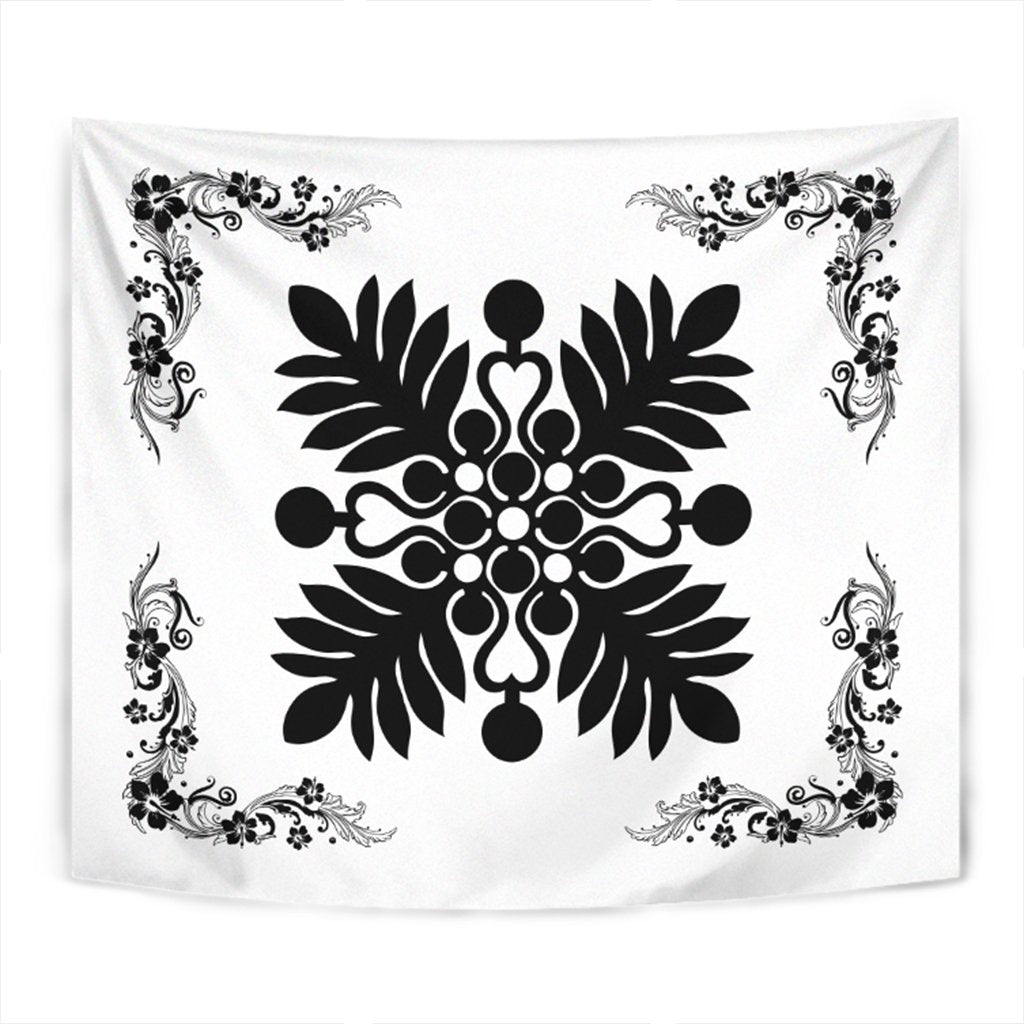 Hawaiian Quilt Maui Plant And Hibiscus Tappestry - Black White - AH Wall Tapestry Black - Polynesian Pride