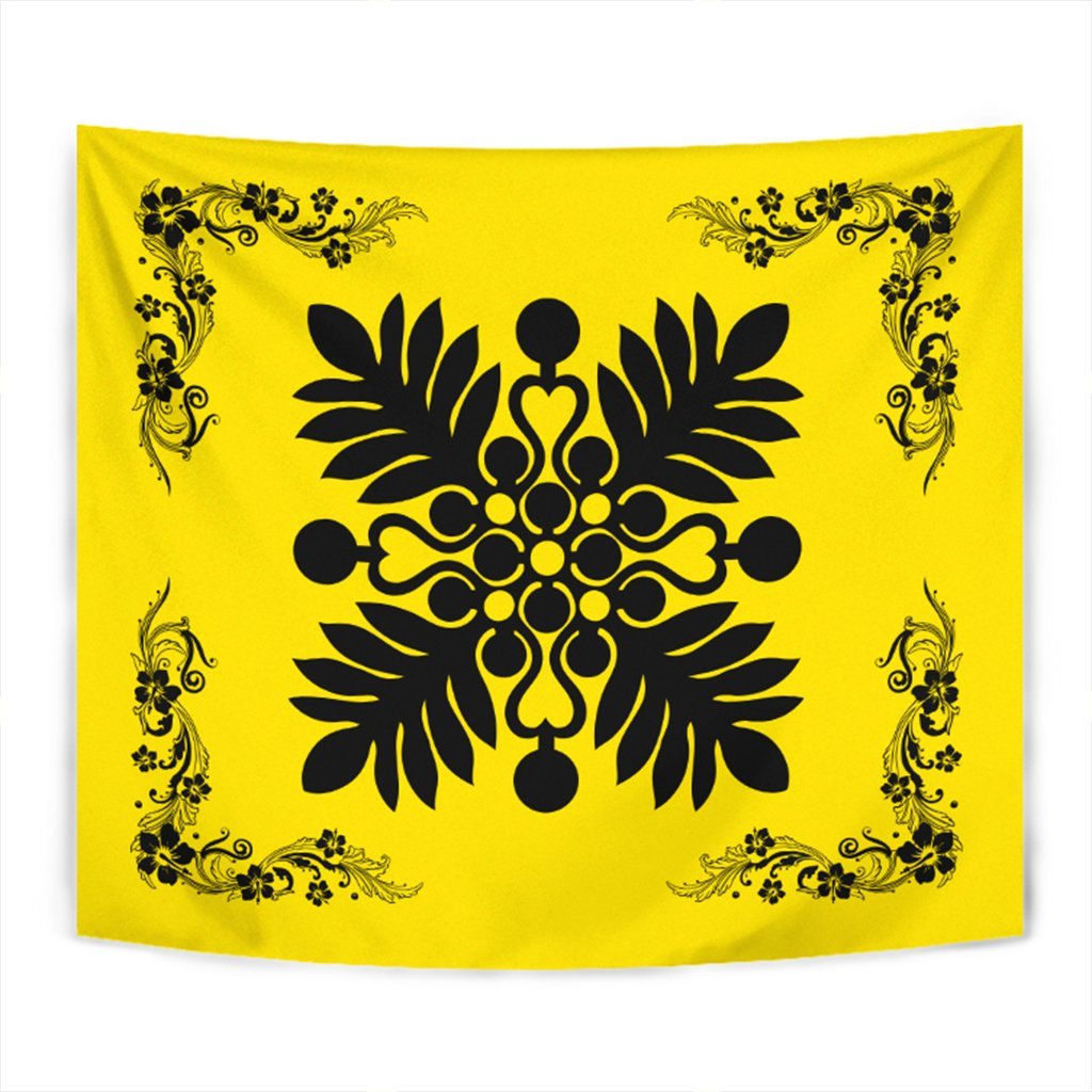 Hawaiian Quilt Maui Plant And Hibiscus Tappestry - Black Yellow - AH Wall Tapestry Black - Polynesian Pride