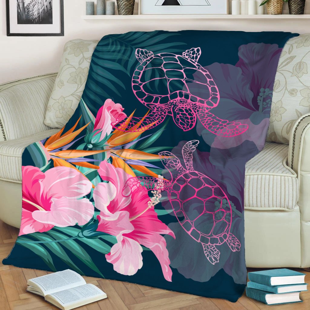 Hawaii Pink Turtles Hibiscus Tropical Premium Blanket - Vint Style - AH White - Polynesian Pride