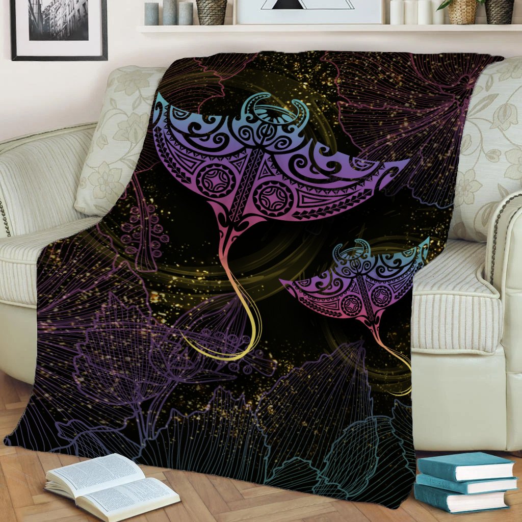 Hawaii Manta Ray Hibiscus Premium Blanket - Glitter Style - AH White - Polynesian Pride