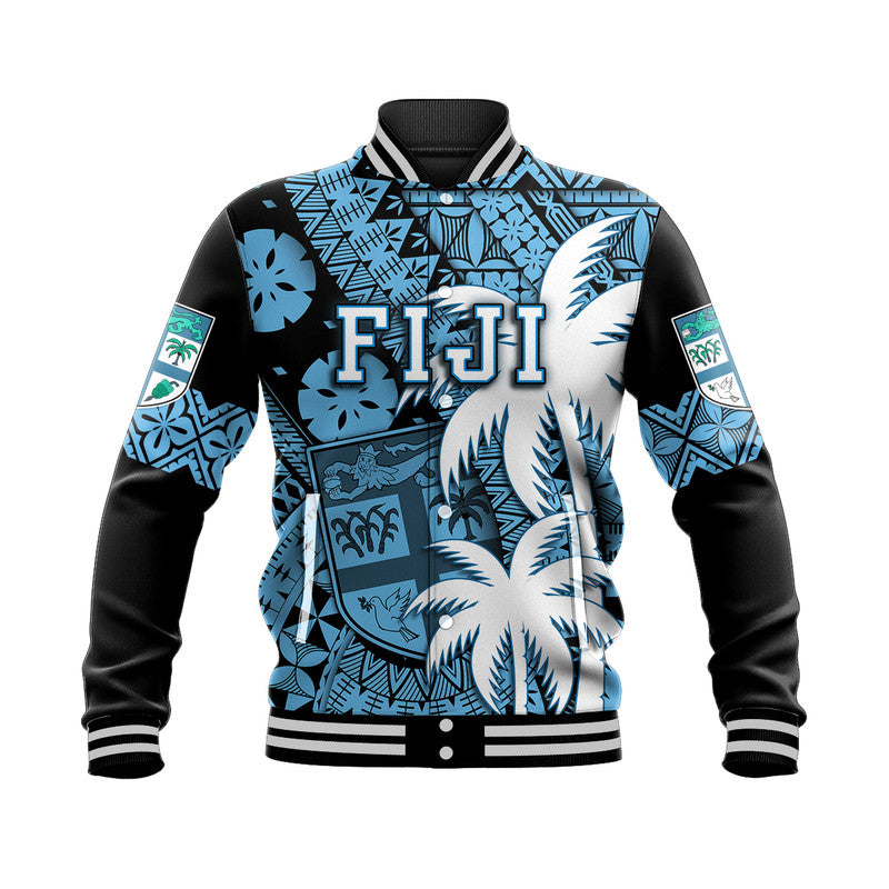 (Custom Personalised) Fiji Coat Of Arms Baseball Jacket Masi Tapa Mixed Palm Tree No1 Blue Version LT9 Unisex Blue - Polynesian Pride