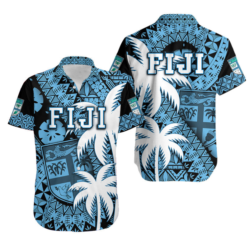 Fiji Coat Of Arms Hawaiian Shirt Masi Tapa Mixed Palm Tree No1 Blue Version LT9 Unisex Blue - Polynesian Pride